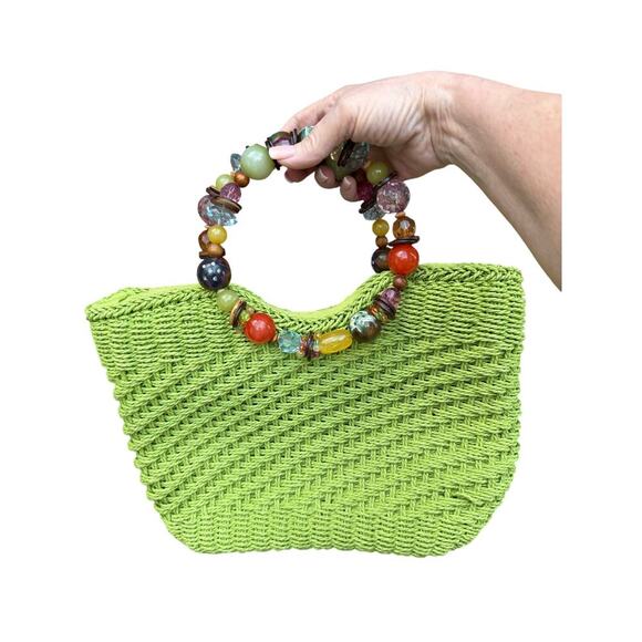 Cappelli Straworld Woven Green Purse Handbag with Decorative Beaded Handles - Picture 1 of 8